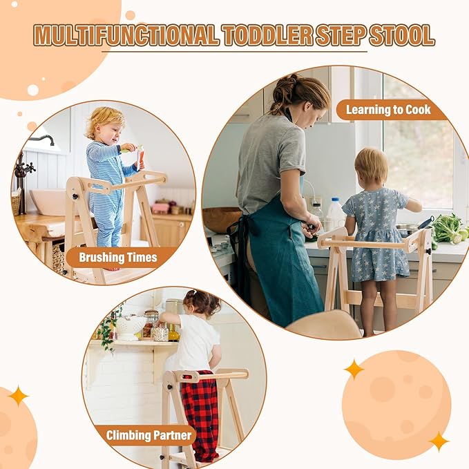 Gewitt Foldable Toddler Tower - Kitchen Step Stool Helper for Kids 1-6 Years, Montessori Toddler Standing Tower with 3 Adjustable Height for Kitchen Counter Bathroom