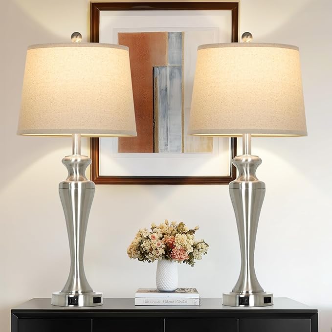 LUXEFLOW 30" Silver Table Lamps Set of 2, 3-Way Dimmable Touch Living Room Lamp with USB A+C Ports and AC Outlet, Modern Brushed Nickel Bedroom Lamps, Tall Metal Bedside Lamp for Nightstand Side Table