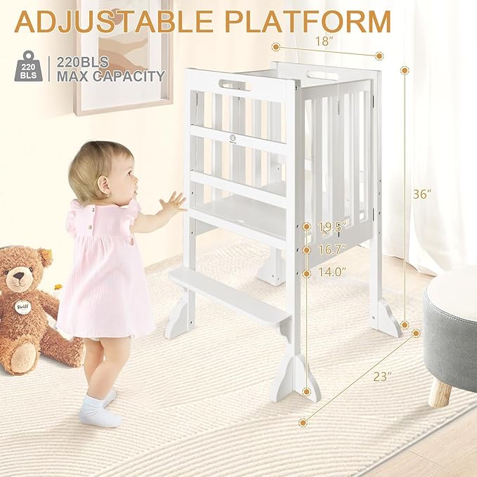 Kitchen Step Stool Helper - WOOD CITY Montessori Foldable Toddler Standing Tower for Toddlers with Safety Rail Height Adjustable Ideal Helper for Learning New Skills Natural Pine Wood (White)