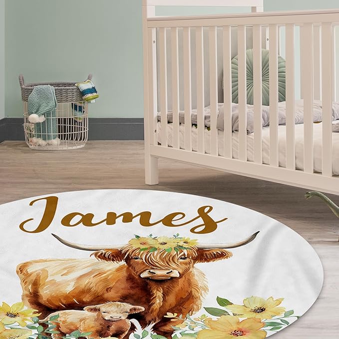 Custom Baby Crib Bedding Set,Personalized Name Yellow Flower Highland Cow Nursery Bed Set 4 Piece,Baby Blanket Fitted Sheet Nursery Rug Wall Art Set,Custom Room Decor Idea Gift for Newborns Boys Girls