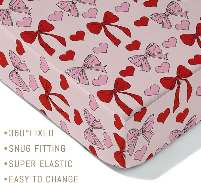 Ribbon Bows Heart Baby Crib Sheets for Boys Girls Pink Red Bows Ribbon Soft Stretchy Fitted Crib Mattress Covers for 52''x28'' Standard Crib & Toddler Mattress Baby's First Valentine's Love Bed Sheets