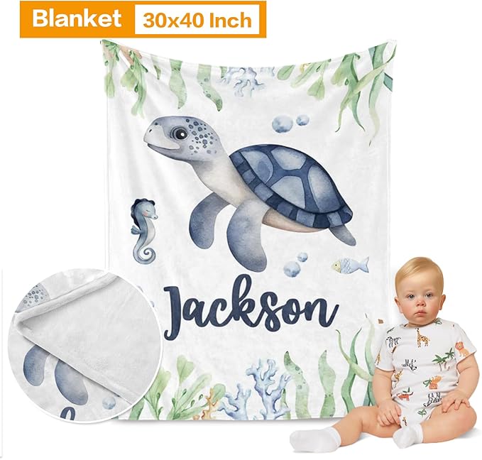 Custom Baby Bedding Set, Personalized Blue Ocean Animal Bedding, Baby Blanket Fitted Sheet Changing Cover Nursery Rug Room Decor Gift Idea
