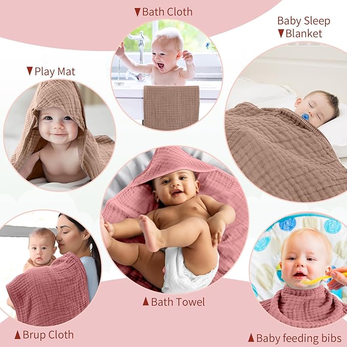 VitalCozy 6 Pcs Baby Muslin Hooded Bath Towels and Washcloths Muslin Cotton Hooded Baby Towels Absorbent Blankets for Gift Newborn Infant Shower (32 x 32 Inch,Light Bean Paste,Rose Pink)
