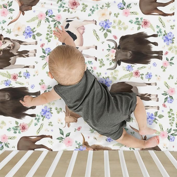 Highland Cows Boho Flowers Baby Crib Sheets for Boy Girl 52x28Inch Cows Breeds Farm Soft Snug Fitted Crib Mattress Cover Country Farmhouse Animal Baby Sheet for Crib and Toddler Bed Mattresses