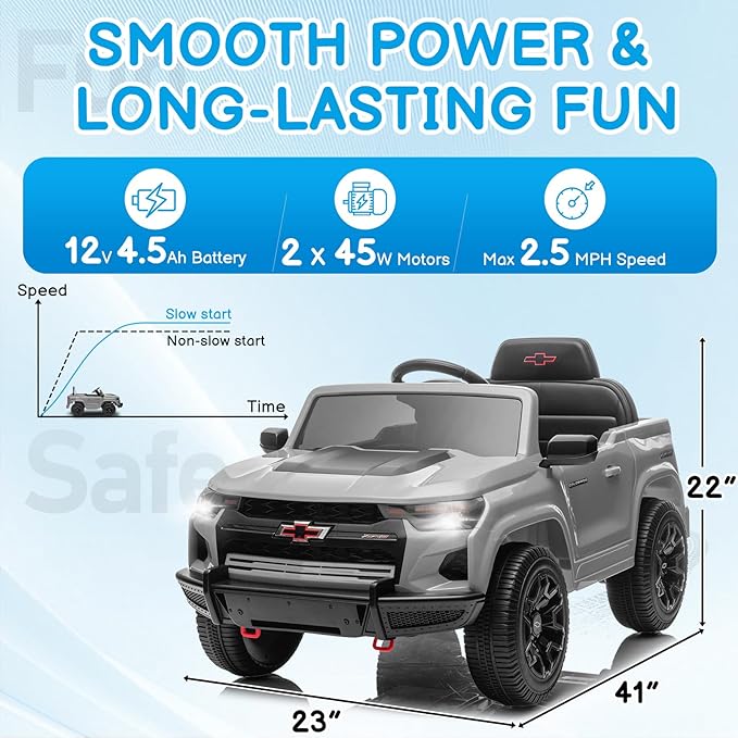 Winado Licensed Chevrolet Colorado Electric Car for Kids, 12V Ride on Toys for Toddlers with Remote Control, Battery Powered Electric Car Ride On Vehicle w/Bluetooth, Soft Start, LED Lights - Gray