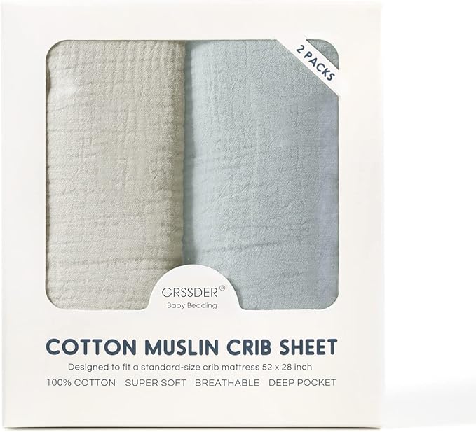 GRSSDER Soft Muslin Crib Sheet 2 Pack, 100% Cotton Crib Sheets for Boys and Girls, Fit Standard Crib Mattresses 52" x 28" Safe and Snug, Light Gray/Light Blue