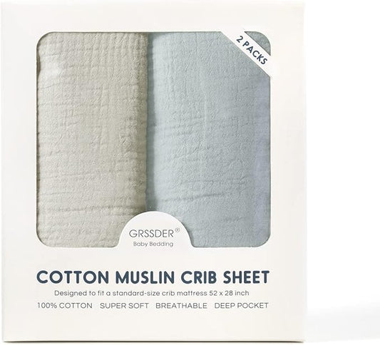 GRSSDER Soft Muslin Crib Sheet 2 Pack, 100% Cotton Crib Sheets for Boys and Girls, Fit Standard Crib Mattresses 52" x 28" Safe and Snug, Light Gray/Light Blue
