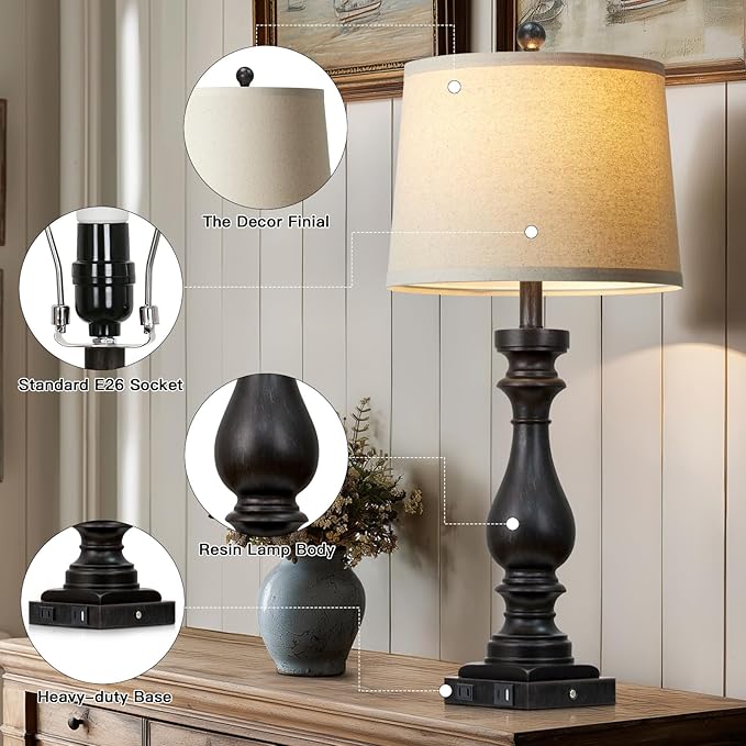 luxeflow 29" Tall Vintage Table Lamps Set of 2,Black Farmhouse Bedside Lamps with USB C+A Ports & AC Outlet,3-Way Dimmable Touch Lamp for Night Stands Living Room Bedroom,Black