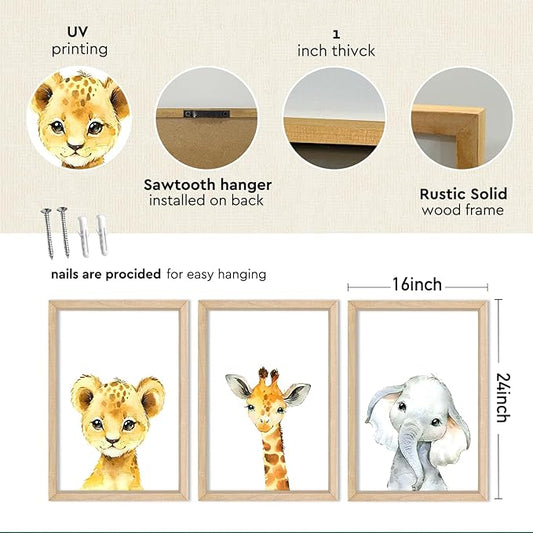 YWJKWLGS Baby Safari Nursery Wall Decor 16"x24" Set of 3 Cute Animal Giraffe Elephant Lion Prints Sign Wood Framed for Children's Room Wall Art (Wood)