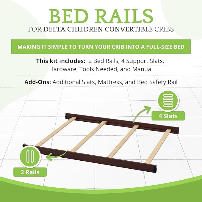 Full-Size Conversion Kit Bed Rails Compatible with Delta Children Convertible Cribs - Solid Wood Rail #0050 - Toddler and Adult Bed Rail for Full-Size Beds - Baby Furniture (Walnut Espresso - 1324)