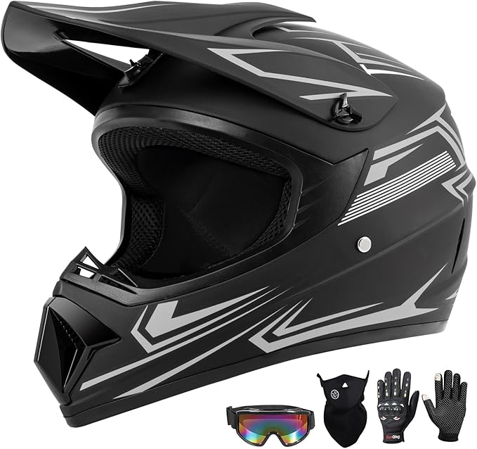Youth Kids Dirt Bike Motocross Helmet (Goggles Gloves Face Mask) 4PCS Set, DOT Approved Boys Full Face Motorcycle Helmets, ATV BMX MX Mountain Bike Off Road Kid Helmet (Gray, L)