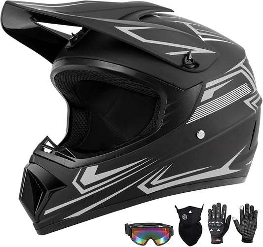 Youth Kids Dirt Bike Motocross Helmet (Goggles Gloves Face Mask) 4PCS Set, DOT Approved Boys Full Face Motorcycle Helmets, ATV BMX MX Mountain Bike Off Road Kid Helmet (Gray, S)