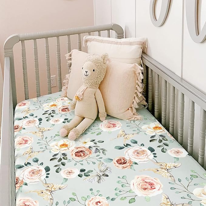 GRSSDER Stretchy Crib Sheets for Baby Girls, Ultra Soft Jersey Knit Fitted Crib Sheets 2 Pack, Universal Fits Most Toddler Crib Mattress Pads Safe and Snug, Stylish Flora Print