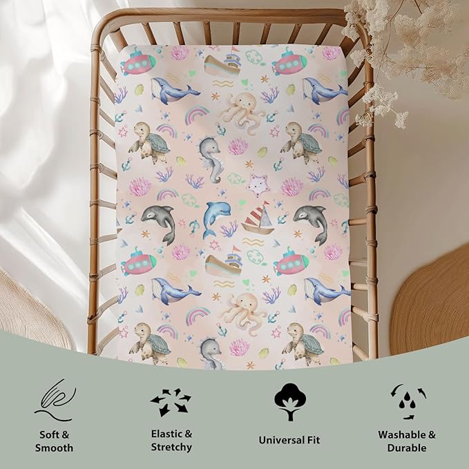 Colorful Ocean Animals Baby Crib Sheets for Boy Girl 52x28Inch Sea Horse Turtle Whale Rainbow Corals Soft Snug Fitted Crib Mattress Cover Marine Life Baby Sheet for Standard Crib & Toddler Mattress