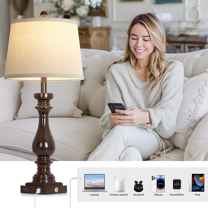 luxeflow 29" Tall Vintage Table Lamps Set of 2,Farmhouse Bedside Lamps with USB C+A Ports & AC Outlet,3-Way Dimmable Touch Lamp for Night Stands Living Room Bedroom,Dark Brown