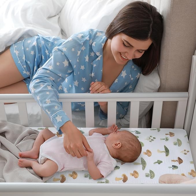 LifeTree Crib Sheets for Baby Unisex - Muslin Fitted Crib Sheets Toddler Bed Sheet, 70% Viscose from Bamboo and 30% Cotton, Fits Mini Crib & Pack and Play Playard, Mushroom, 26in x 38in