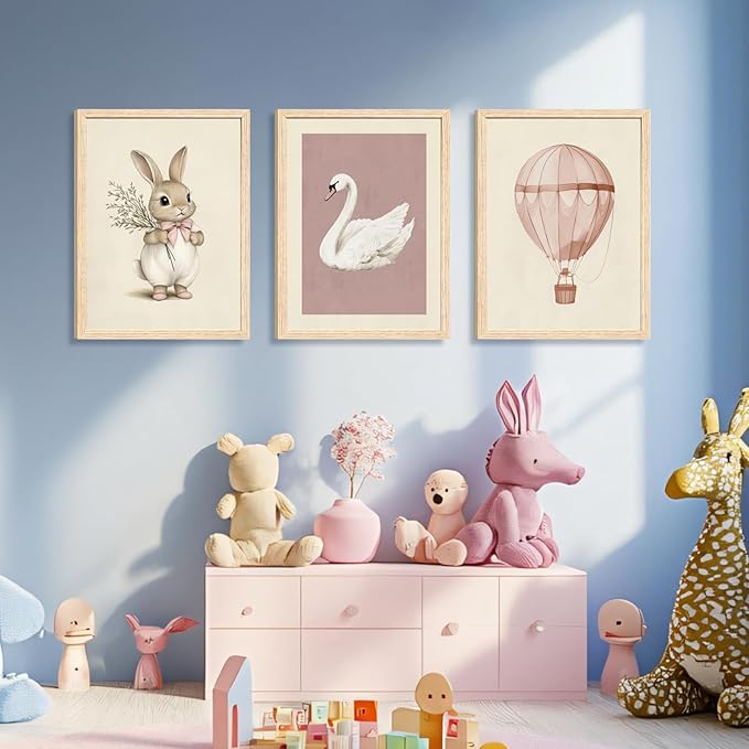 Hianan Pink Baby Girl Nursery Wall Decor Cute Bunny Wall Art Cozy Rabbit Canvas Artwork Elegant Swan Poster Prints Vintage Hot Air Balloon Painting Prints for Kid's Room Baby Room Wood Framed 12"x16"x3