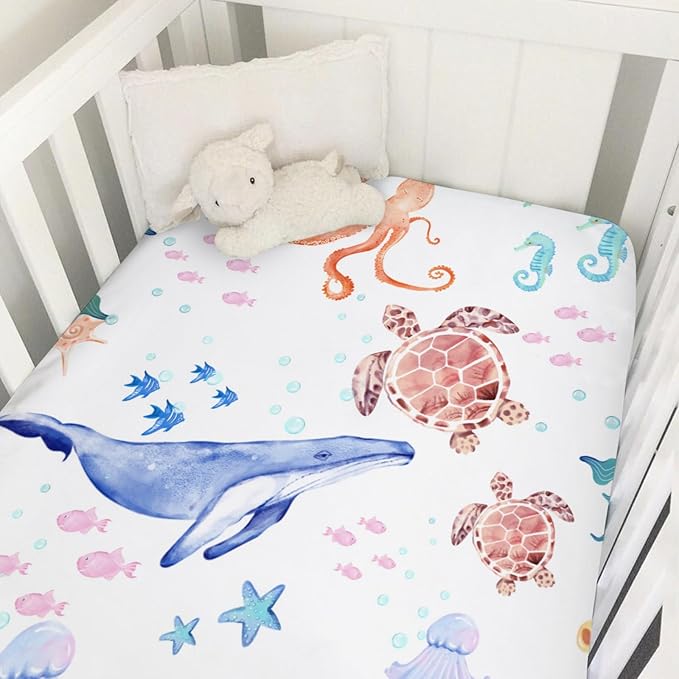 Ocean Animals Corals Sea Weeds Baby Crib Sheet 52''x28'' Colorful Nautical Life Fitted Crib Mattress Covers for Boy Girl Nursery Toddler Baby Bed Sheet Fits Standard Crib Toddler Mattress