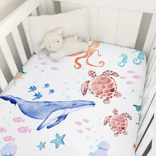 Ocean Animals Corals Sea Weeds Baby Crib Sheet 52''x28'' Colorful Nautical Life Fitted Crib Mattress Covers for Boy Girl Nursery Toddler Baby Bed Sheet Fits Standard Crib Toddler Mattress