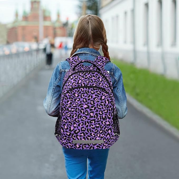 MNSRUU School Backpack with Chest Strap, Neon Purple And Pink Leopard Laptop Backpack, Travel Hiking Backpack for Boys Girls, Rucksack, Knapsack