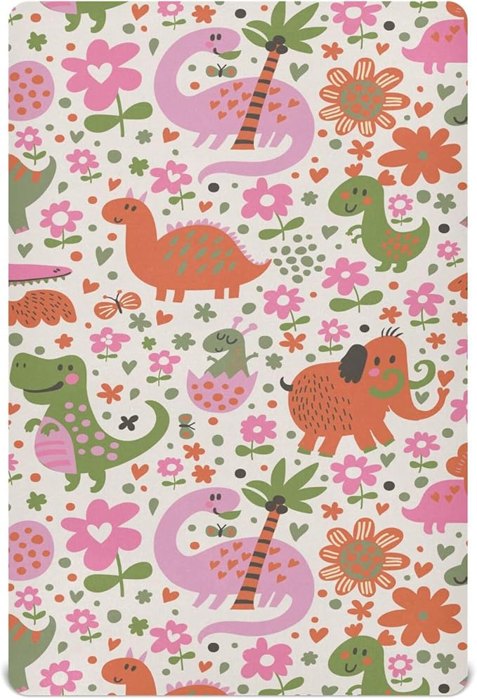 Cute Dinosaurs Flower Crib Sheets Soft Breathable Fitted Baby Crib Sheets Mattress Cover for Girls Boys, 52" x 28" x 9"