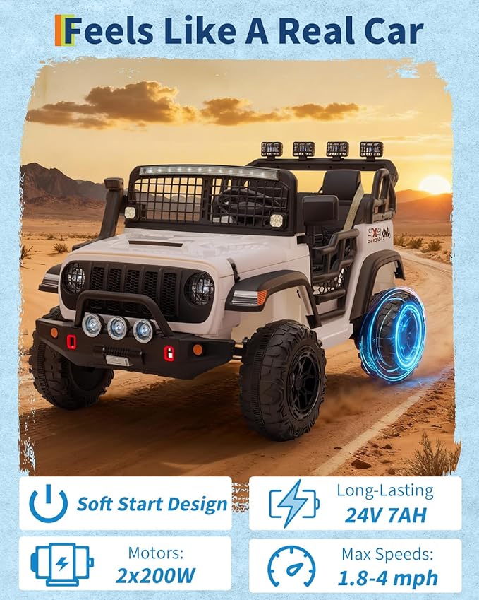 2 Seats 24V Kids Electric Ride on Car with Remote Control, 20" Large Seat with 2 Safety Belts, Two 200W Battery Powered Electric Vehicle for 3+ Years, LED Light,Music,Horn,USB Port, Riding Toy,White