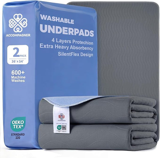 Accompagner Waterproof Reusable for Adults and Pets Washable Pee Pads for Dogs Changing Pad Large Dog Bed Size Adults Incontinence Bed Pads - Non-Slip Leak-Proof (Dark Gray, 2Pack-36" x54")