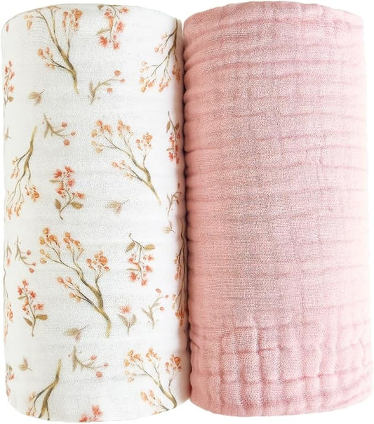 Pack of 2 Ultra Soft Muslin Baby Blankets for Girls Boys Breathable Lightwight Cotton Muslin Swaddle Blankets for Infant Toddler Newborn Nursery Swaddling Wrap 43"X43" (Floral and Pink)