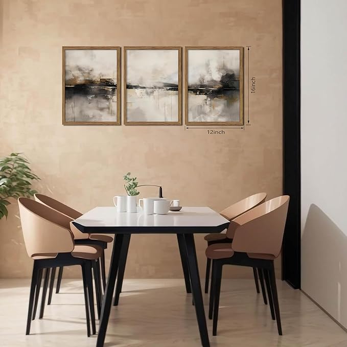 Neutral Abstract Wall Art Set of 3, Modern Black Brown Abstract Wall Decor Paintings, Minimalist Beige Textured Prints Pictures for Living Room Bedroom Office Home Decor 12x16 Inch Wood Framed