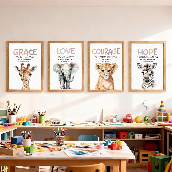 Cute Giraffe Elephant Tiger Zebra Quote Framed Wall Art Set of 4, 11x16 Boho Educational Grace Love Courage Hope Saying Sign for Baby Girl Kid Boy Toddlers, Wooden Inspirational Nursery Wall Decor