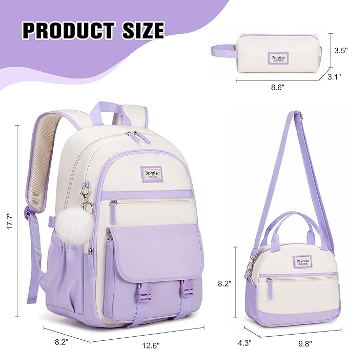 Bevalsa Backpack for Girls, School Backpacks for Girls, Kids Backpack with Lunch Box & Pencil Pouch for Teens Girl Kids Elementary Middle High School College Student Bookbag Daypack (Purple Beige)