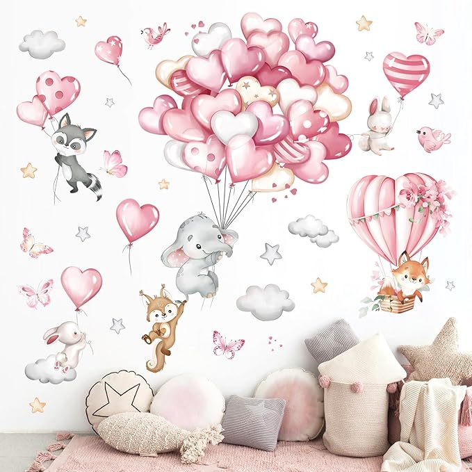 decalmile Forest Animals Pink Balloon Wall Decals Hot Air Balloon Elephant Fox Wall Stickers Baby Nursery Girls Bedroom Playroom Wall Decor