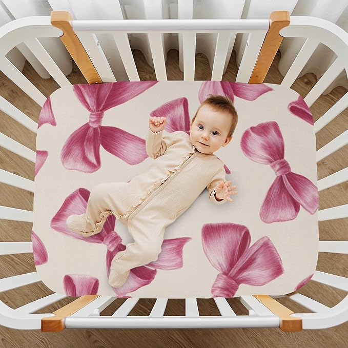 Deep Pink Ribbon Bows Crib Sheets Standard Crib Toddler Mattresses Cover Fitted Baby Bed Sheet Breathable Crib Mattress Sheet for Girls Boys 39''x27''x9''