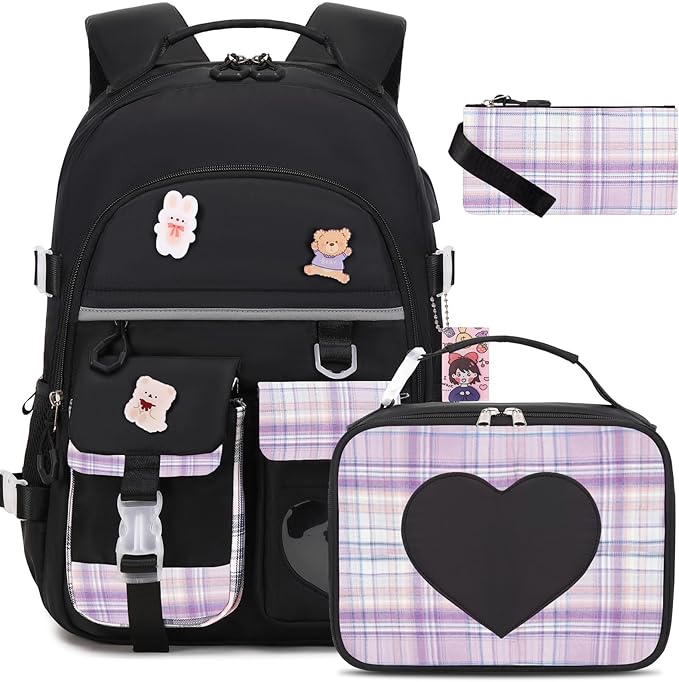 ACESAK Backpack for Girls - Bookbag Backpacks Schoolbag for Girls Kids Teen Women Casual Travel Daypacks - School Bag Elementary Middle School College Cute Backpack with Lunch Box (Black Purple)