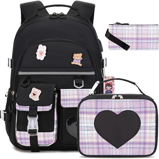 ACESAK Backpack for Girls - Bookbag Backpacks Schoolbag for Girls Kids Teen Women Casual Travel Daypacks - School Bag Elementary Middle School College Cute Backpack with Lunch Box (Black Purple)