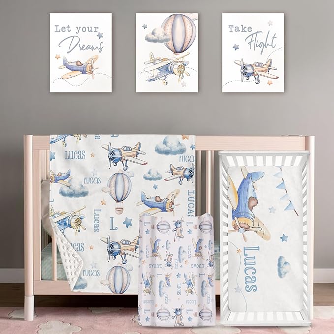 Personalized Baby Crib Bedding Set: 4 Piece Custom Gift Crib Bed Set with Name - Toy Airplane Design, Nursery Bedding Set for Baby Girls,Newborn Boys Girls Crib Sets, Crib Bedding Shower Gifts