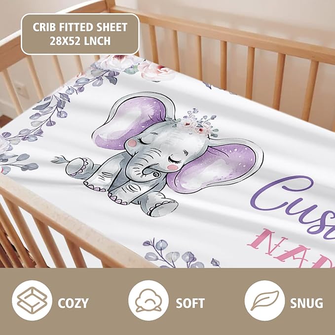 Custom Name Crib Bedding Set 3-Piece – Light Purple Elephant Design Baby Bedding Set with Personalized Soft Blanket, Fitted Sheet, Changing Pad Cover – Ideal Newborn Gift for Boys and Girls