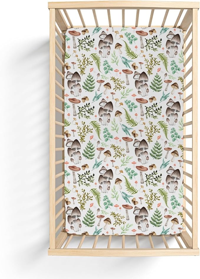 Vintage Mushroom Baby Crib Sheets for Boy Girl 52x28Inch Colorful Mushrooms Leaves Soft Snug Fitted Crib Mattress Cover Magical Plant Baby Sheet for Standard Crib & Toddler Bed Mattress