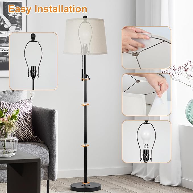 JUNNAI Floor Lamps for Living Room, Black Floor Lamp Adjustable Height Standing Lamp, Dimmable Modern Tall Floor Lamp for Bedroom Office with Beige Linen Shade, 8W 3000K Bulb Included