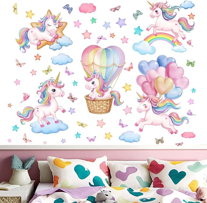 Unicorn Rainbow Wall Decals for Girls: Peel and Stick Hot Air Balloon Stars Cloud Wall Stickers - Baby Nursery Boys Room Bedroom - Kids Supplies Ages 1-12 Years Wall Decor Art