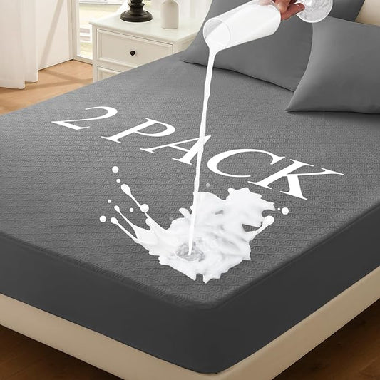Twin XL Mattress Protector 2 Pack, Waterproof Mattress Pad Washable Rayon Mattress Cover Breathable Noiseless Bed Protector 3D Patterns 5" - 21'' Elastic Fitted Deep Pocket(Dark Grey)