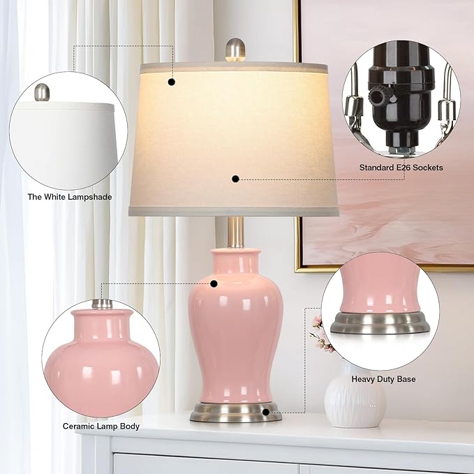 LUXEFLOW 23" Pink Ceramic Table Lamps for Living Room, Modern Ceramic Lamps with Ginger Jar Design, Cute Bedside Lamp Set of 2, Elegant Bedroom Lamp for Nightstand Dining Room Side End Table Homedecor