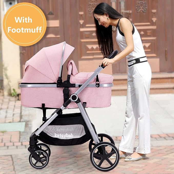 2-in-1 Baby Stroller - Folding Infant Newborn Pram Stroller with Reversible Seat - Toddler Strollers for 0-36 Months Old Babies (Pink)