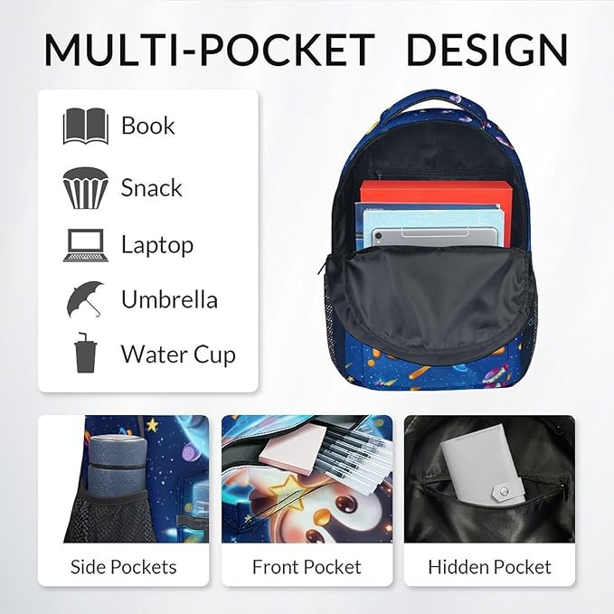Custom Backpack - Penguin Backpacks with Lunch Bag for Girls Boys - Planet Bookbag for Kids Toddler - Personalized School Bag Set for Kindergarten/Preschool/Elementary(17 Inch)