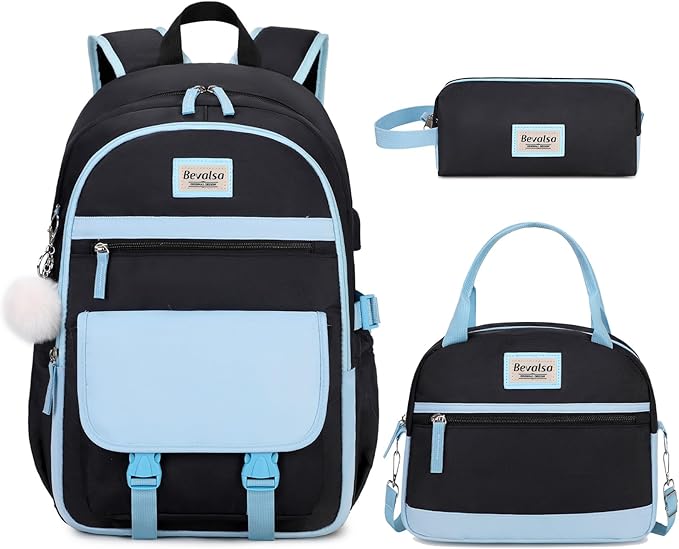 Bevalsa Backpack for Girls, School Backpacks for Girls, Kids Backpack with Lunch Box & Pencil Pouch for Teens Girl Kids Elementary Middle High School College Student Bookbag Daypack (Blue Black)