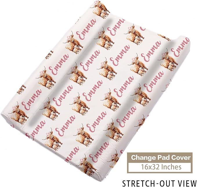 Custom Name Crib Bedding Set 3-Piece – Pink Highland Cow Design Baby Bedding Set with Personalized Soft Blanket, Fitted Sheet, Changing Pad Cover – Ideal Newborn Gift for Boys and Girls