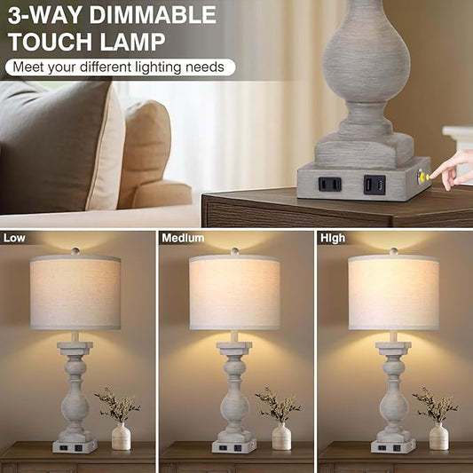 MOUVOVO 28" Tall Farmhouse Table Lamps Set of 2 with USB C+A Ports and AC Outlet, 3 Way Touch Tall Rustic Bedside Lamps for Living Room, Grey Vintage Lamps for Bedroom