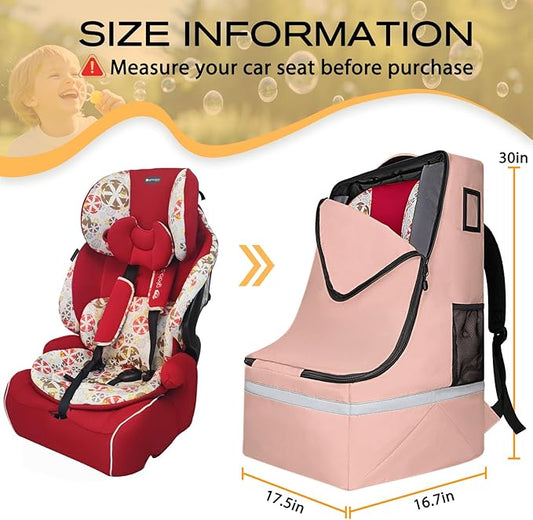 LARIPOP Car Seat Travel Bag for Airplane,Infant Seat Travel Bag with Shoulder Strap,Padded Car Seats Backpack with Reflective Stripes,Large Carseat Carrier Bag Travel Car Seat Cover,Flesh Pink