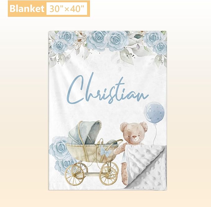 Personalized Baby Crib Bedding Set, 3 Pcs Custom Nursery Bedding Set with Name, Soft Baby Crib Set with Double Layer Blanket for Boys Girls, Customized Gifts for Toddlers Infants, Blue Bear