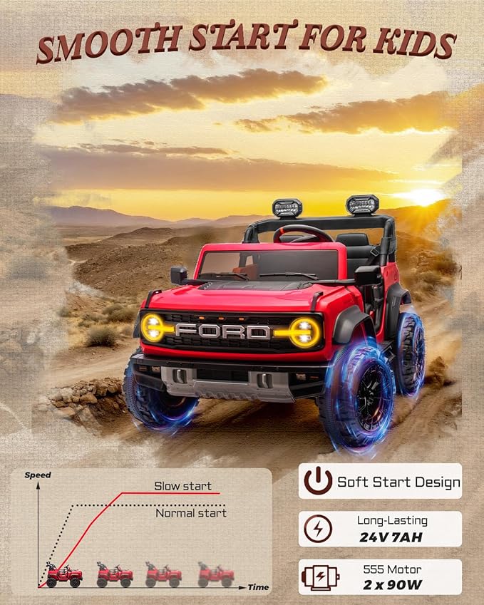 First Ride On Ford Bronco 24V Ride on Toys for Boys & Girls, 2 Seater Kids Electric Car with Remote Control, Kids Ride on Truck with 4 Wheels Suspension, Led Lights, Safety Belt (24V, Red)